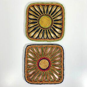 Handwoven Multicolor Straw Coasters Set Of 2 Square Sunburst Design 70s Boho